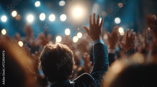 Confident Speaker Raising Hand in Front of Enthusiastic Audience