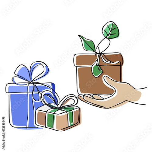 Hand giving plant gift in decorative box with two additional presents  