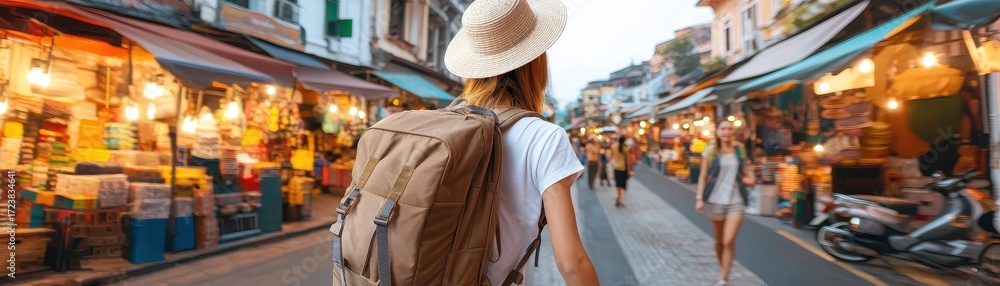 Naklejka premium A traveler explores a vibrant street market, surrounded by colorful stalls and twinkling lights, embodying the spirit of adventure and discovery.
