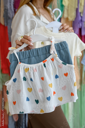Tableau sur toile Children's clothing: a top with bright hearts and shorts