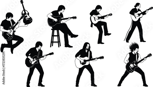 Guitarist silhouette, music performance, acoustic and electric, black figure, dynamic pose, stage energy, vector art, concert vibe, entertainment, musician