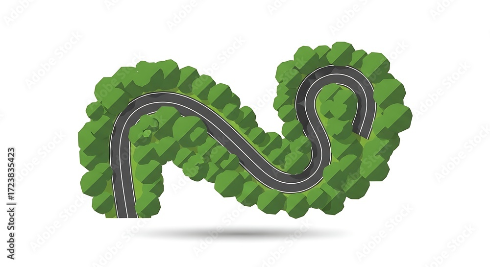 Fototapeta premium Aerial Drone View Vector of Winding Road through Forest – Flat Design Illustration