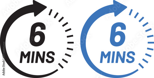6 mins, minutes, time, duration, clock, timer, countdown, schedule, deadline, delivery, service, icon, symbol, black, blue, circular, arrow, progress, waiting, speed, fast, quick, turnaround, business
