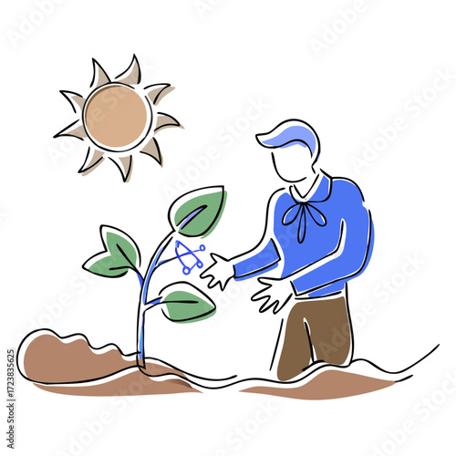 Man nurturing young plant under sun in garden environment  