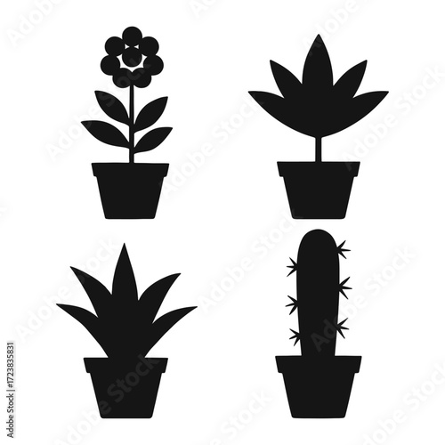 Silhouette Set of Potted Houseplants - Flower, Cactus, and Succulent