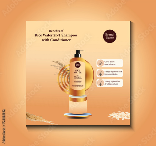 Minimalist social media post design showcasing rice water hair growth shampoo, clean layout, natural elements, and modern beauty care promotion template.