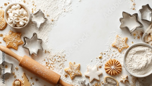 Christmas baking scene with cookies flour and rolling pin.