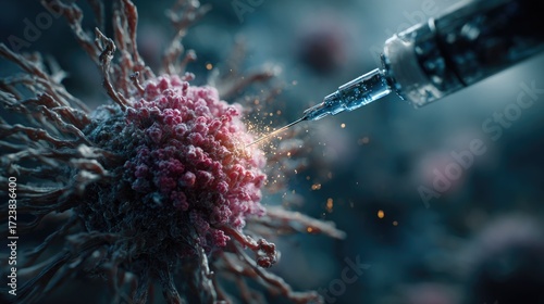 3D medical illustration of syringe injecting cancer cell with sparks, oncology treatment concept