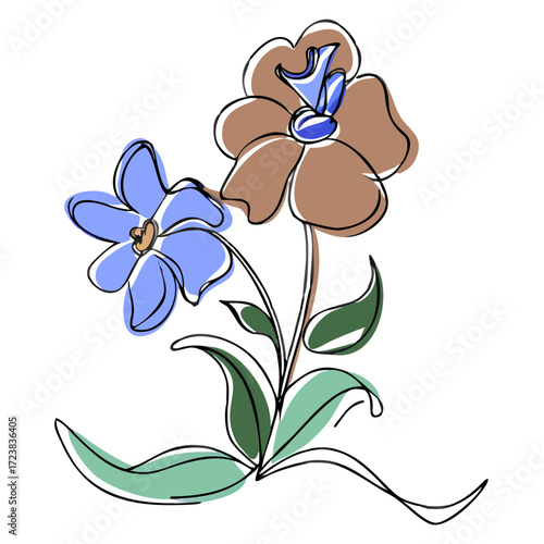 Two stylized flowers with blue petals and green leaves  