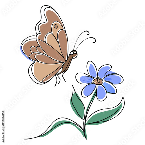 Brown butterfly hovering over blue flower with green leaves  