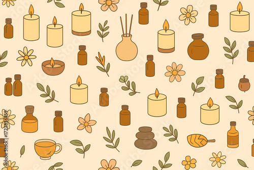 Seamless Wellness Pattern with Candles, Aromatherapy Diffusers, Essential Oils and Flowers, Relaxing Illustration for Spa, Self-Care and Mindfulness Projects