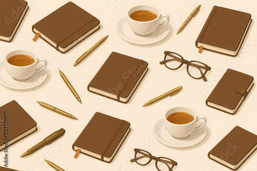 Seamless Wellness Pattern with Journals, Pens, Tea Cups and Glasses, Hygge Illustration for Mindfulness, Self-Care Routines and Relaxation Projects
