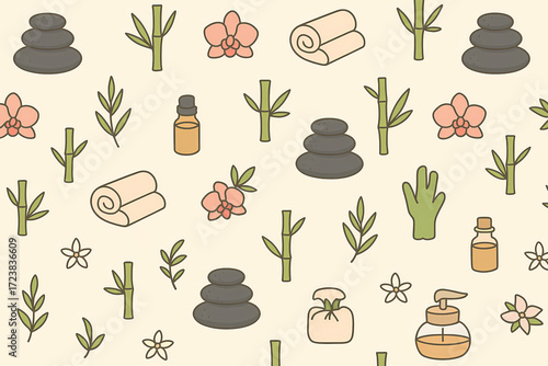 Seamless Pattern with Massage Stones, Bamboo, Orchid Flowers and Towels, Minimalistic Illustration for Spa, Yoga and Relaxation Creative Projects