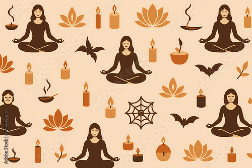 Seamless Yoga Pattern with Meditation Poses, Lotus Flowers, Candles and Incense, Spiritual Illustration for Mindfulness, Wellness and Relaxation Projects