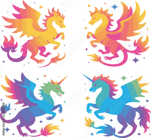 Four Rainbow-Colored Mythical Creatures: Dragons and Unicorns