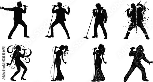 Singer silhouette, microphone pose, male and female, black figure, music performance, stage presence, artistic style, vector art, entertainment concept
