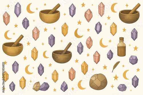 Seamless Pattern with Tibetan Singing Bowls, Crystals, Moons and Stars, Mystical Illustration for Meditation, Sound Therapy and Spiritual Wellness Projects
