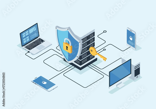 Cyber security concept with a central server protected by a shield and lock, connected to various devices, and secured by a key