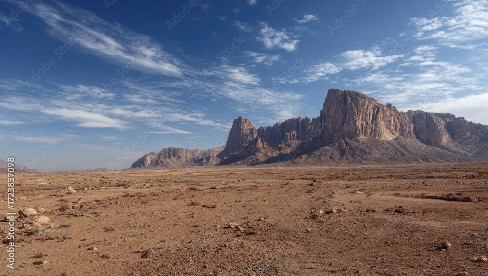 Fototapeta premium Vast desert landscape with towering rock formations under a cloudy blue sky.