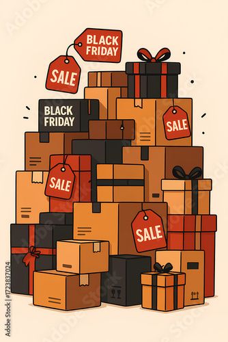 Black Friday Packages and Boxes with SALE Tags, Modern Illustration for Seasonal Marketing, Online Shopping, E-Commerce and Holiday Creative Projects