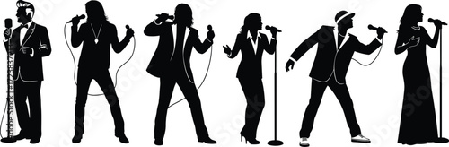 Singer silhouette, microphone pose, black figure, music performance, stage presence, diverse attire, vocal art, concert vibe, vector illustration, entertainment