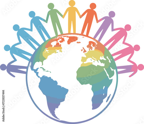 Diverse people holding hands around a colorful globe, symbolizing unity and global connection