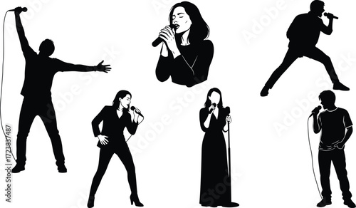 Singer silhouette, microphone pose, black figure, music performance, stage presence, diverse style, vocal art, concert vibe, vector illustration, entertainment
