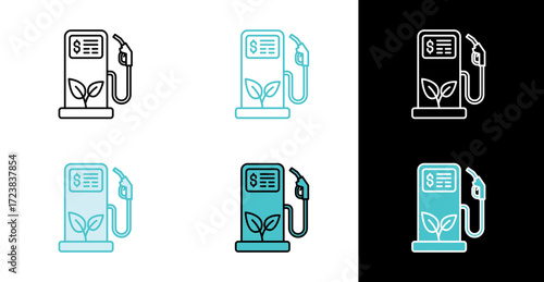 Biofuel pump with plant icon for green alternative fuel in line and fill style