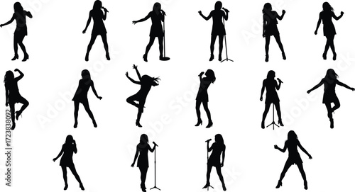Silhouette collection of female singers performing with microphone, music concert vector illustration showing dance, stage performance, entertainment, vocal talent, festival, live show