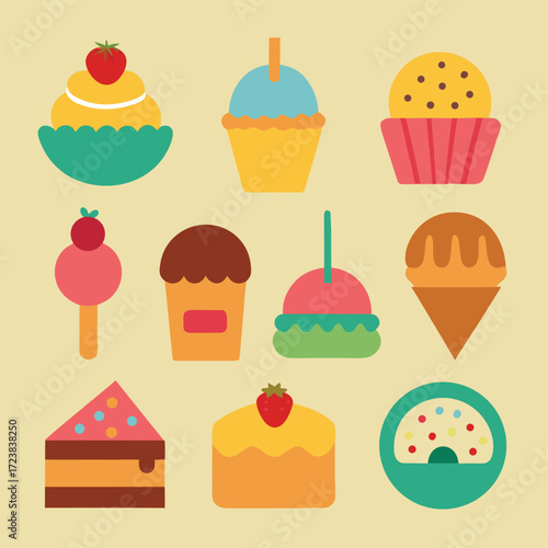 set of cakes and sweets