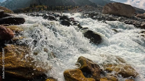 A rapid mountain stream among large rocks