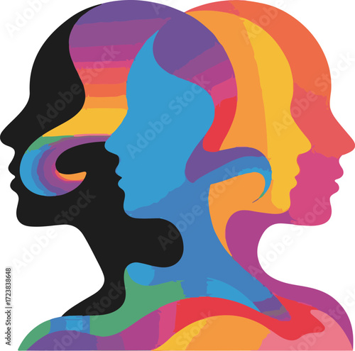 Abstract Colorful Silhouettes of Multiple Human Heads in Profile
