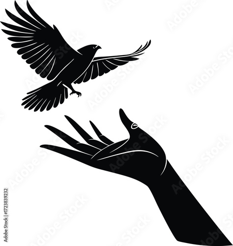 Silhouette of an open palm with a bird hovering above it