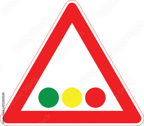 Traffic signal ahead warning sign with red triangle and light symbol.