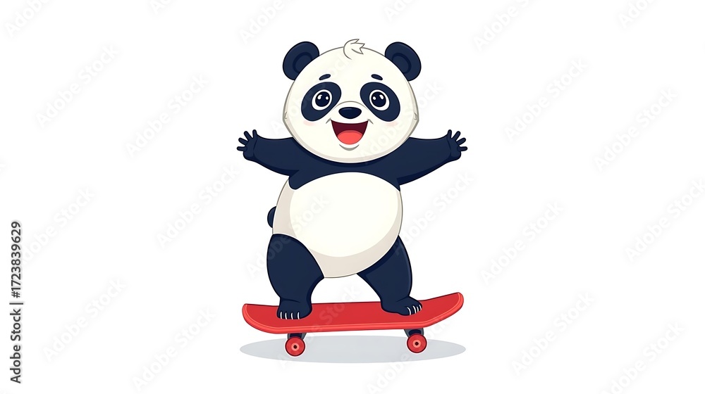 Fototapeta premium A cute cartoon panda with its arms outstretched, happily riding a red skateboard.