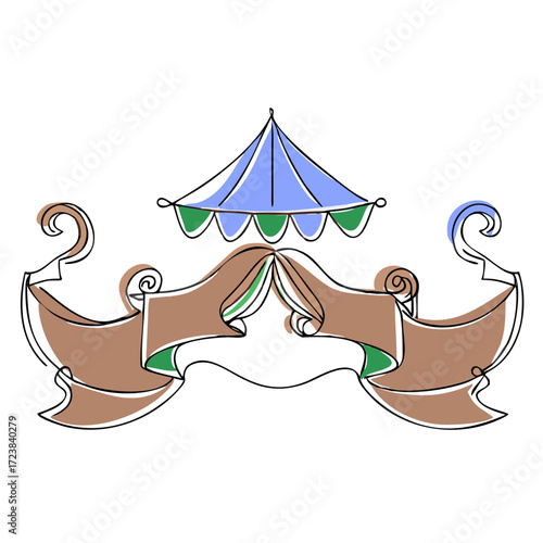 Colorful decorative carnival tent with flowing ribbons design  