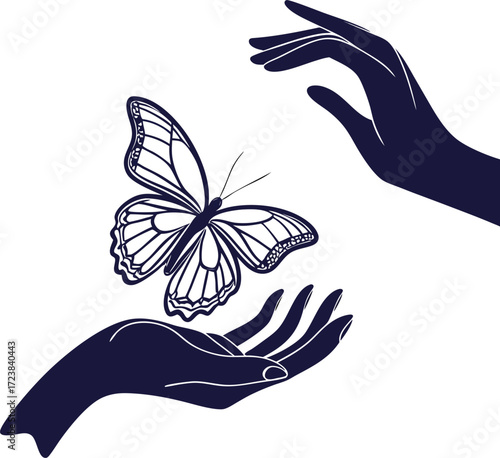 Two hands reaching apart with a delicate butterfly in between them