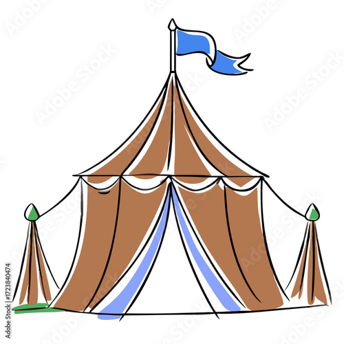 Colorful circus tent with blue flag and decorative drapery  