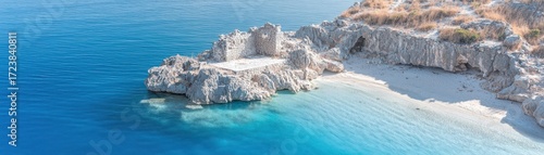A serene coastal scene featuring rocky formations and clear blue waters, ideal for relaxation and natural beauty.