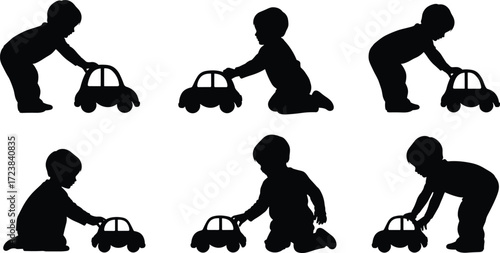 Child playing with toy car, silhouette activity set, playful motion illustration, black vector design, childhood behavior concept, fun pose collection