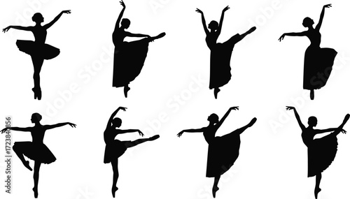 Ballet dancer silhouette set, elegant classical poses, graceful movement illustration, tutu performance art, dance vector design, artistic choreography concept