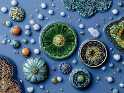 Intricate, jewel-toned organic forms arranged on a blue surface, resembling microscopic life