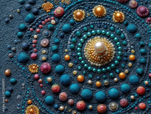 Intricate mandala design with pearls, beads, and textured dots in teal, gold, and rose hues