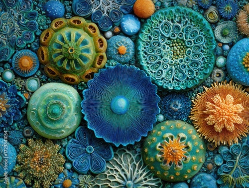 Intricate teal, blue, and orange sculpted floral and organic forms densely arranged