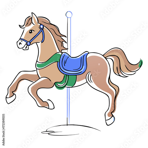 Carousel horse illustration in playful style with colorful saddle  