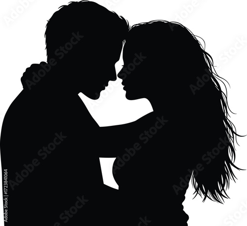 Romantic couple silhouette embracing with love, intimate man and woman holding each other, vector illustration for Valentine’s Day, passion, affection, romance