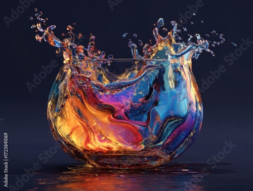 Iridescent liquid splashing in a glass bowl
