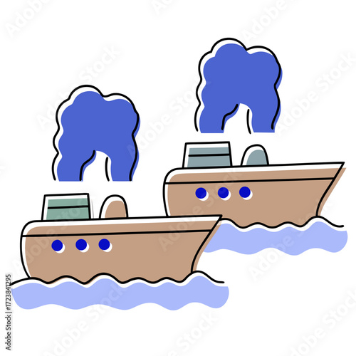 Cartoon boats emitting smoke while sailing on waves  