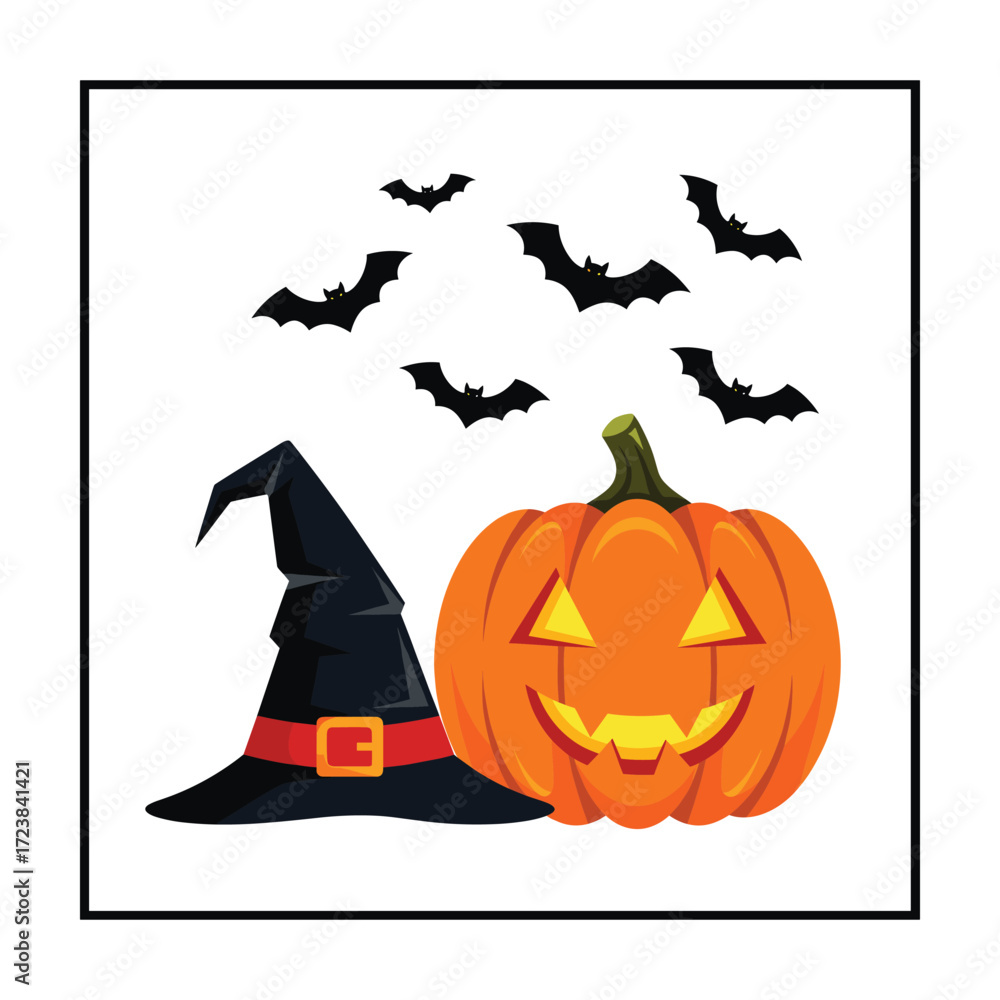 Fototapeta premium High-Quality Flat Vector Halloween Illustration: Jack-o'-lantern, Witch Hat, Bats