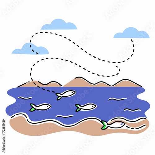 Illustrative style of fish swimming in ocean with mountains and clouds  